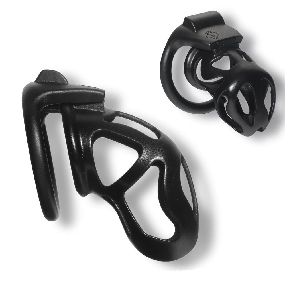 Black open-frame 3D-printed male chastity cage from front and side