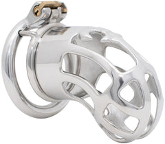 Stainless steel JTS S220 male chastity cage with a standard circular base ring.