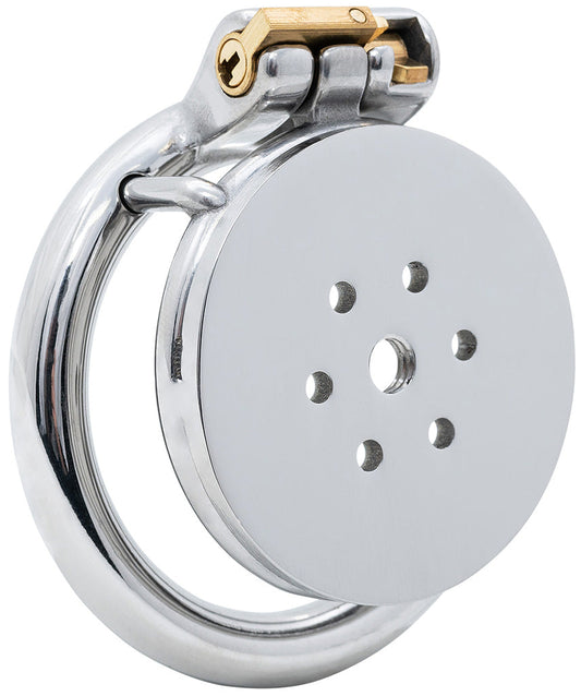 Front profile of the JTS S239 stainless steel locking chastity cage showing the ventilation hole pattern.