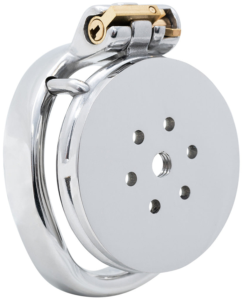 Side view of the JTS S239 stainless steel chastity cage featuring a curved, ergonomic design and ventilation ports.