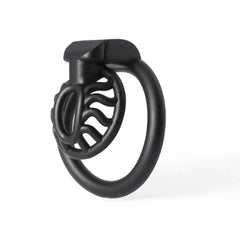 Black Sun Spider chastity cage in front three-quarter view