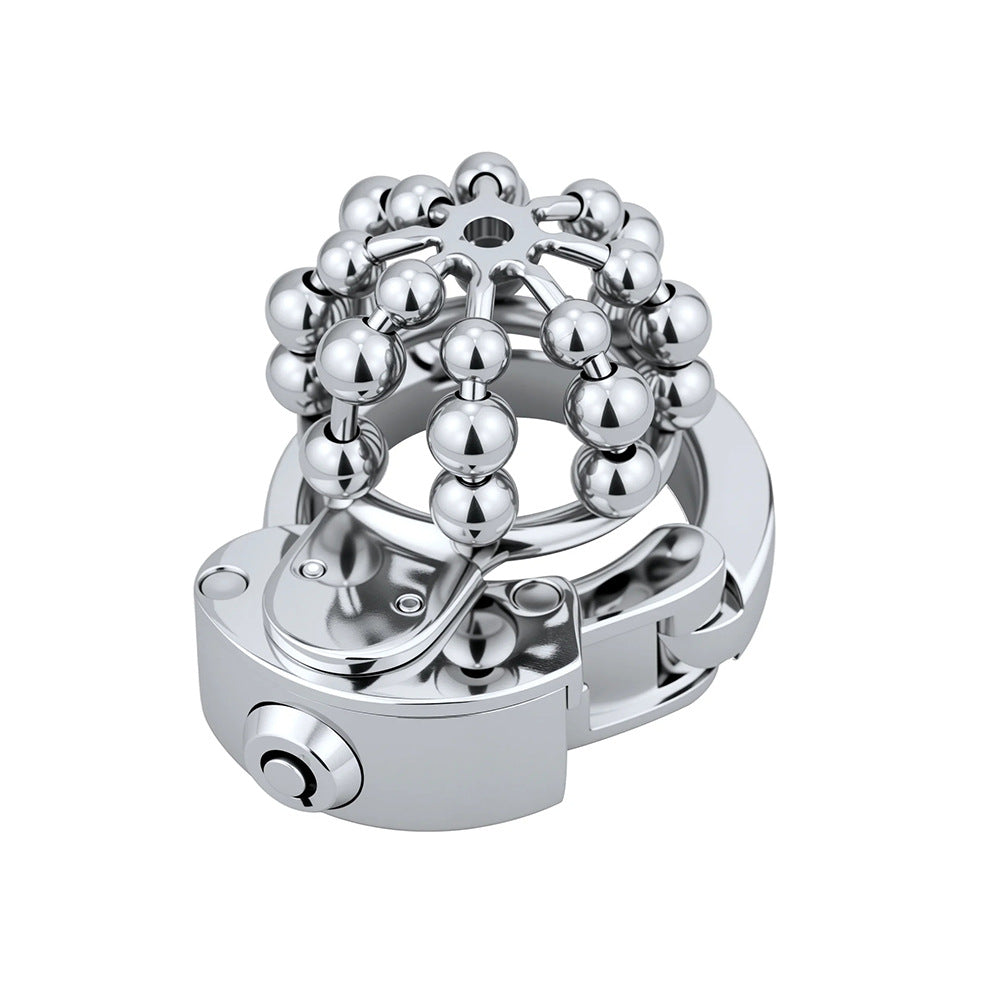 Beaded-front adjustable metal chastity cage ZC-177 angled view