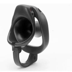 Side view of black adjustable ABS chastity cage