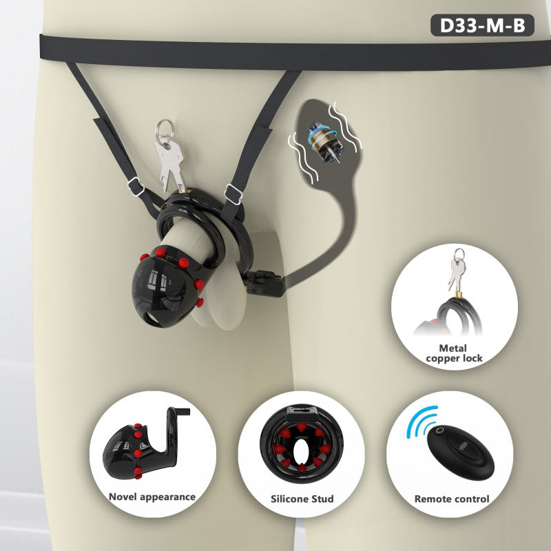 Black D33 adjustable cage with silicone studs, harness and remote plug