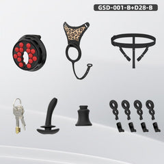Black flat-head chastity harness with cage, rings, straps, locks and plug accessories