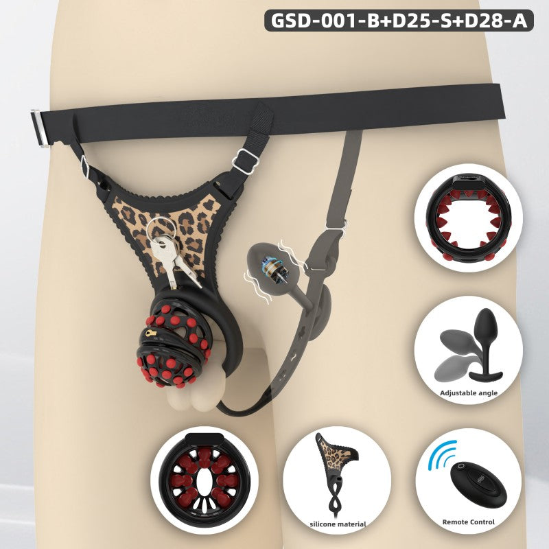 Black leopard GSD soft-nail silicone chastity cage system with harness and plug