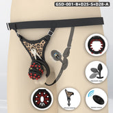 Black leopard GSD soft-nail silicone chastity cage system with harness and plug