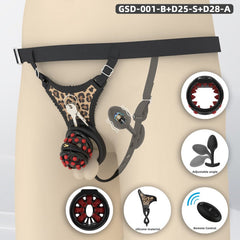 Black leopard GSD soft-nail silicone chastity cage system with harness and plug