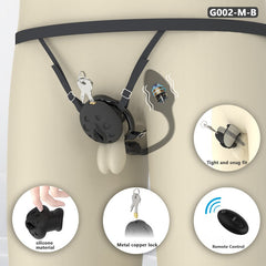 Black recessed silicone chastity cage shown with adjustable harness