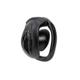Black vulva-shaped flat chastity cage side view