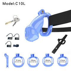 Blue C10L resin labia chastity lock with belt strap and accessories