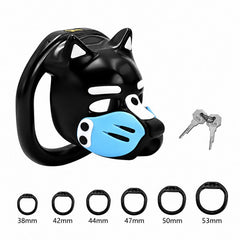 Blue-accent puppy-head chastity cage with six rings