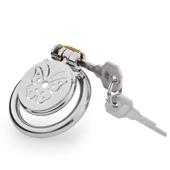 Angled view of butterfly-cutout flat stainless steel chastity cage