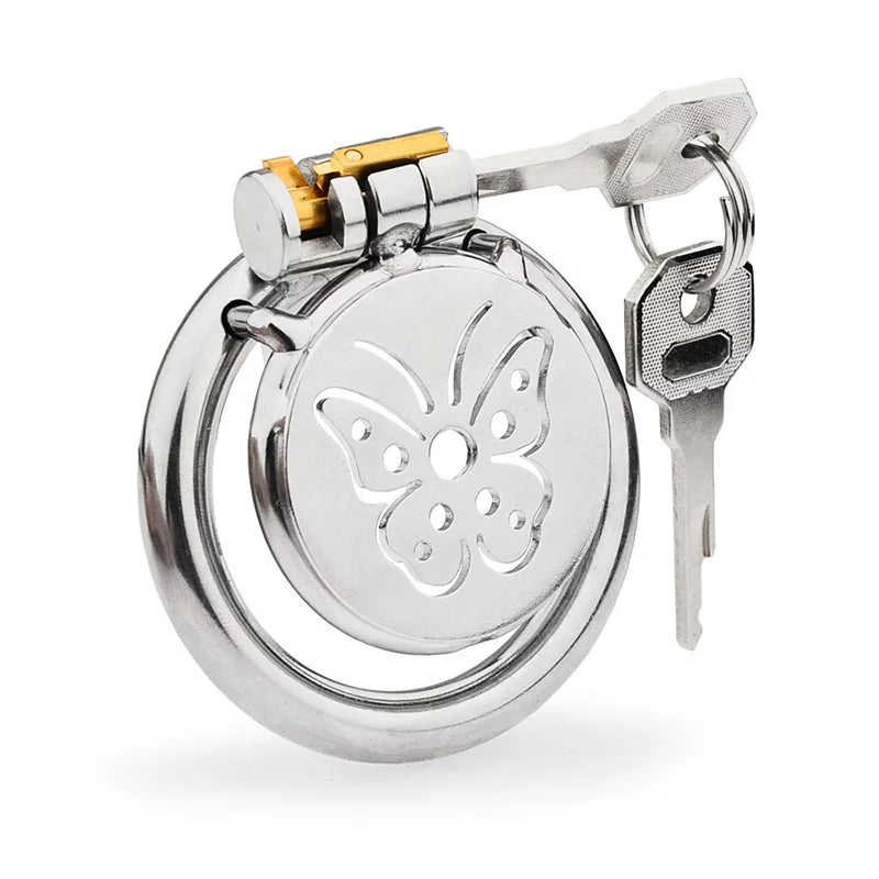 Butterfly-cutout flat stainless steel chastity cage with lock and keys