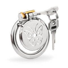 Butterfly-cutout flat stainless steel chastity cage with lock and keys