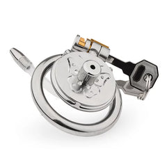 Back view of butterfly flat stainless steel chastity cage with catheter