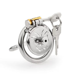 Front view of butterfly flat stainless steel chastity cage with catheter