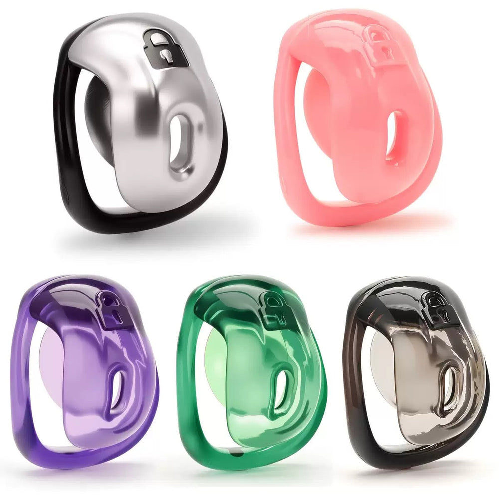 Colorful shield chastity cages in silver, pink, purple, green and black