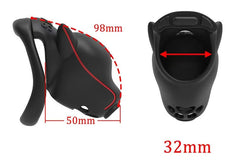 Dog head cage dimensions showing 98 mm length and 32 mm inner width