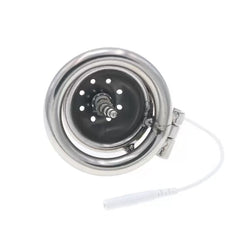 Front view of ventilated electric steel dome chastity cage