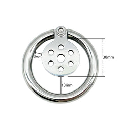 Angled view of the JTS S235 flat stainless steel chastity cage with circular ring
