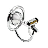 Flip-style stainless steel chastity cage LKM-099 angled view