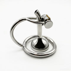 Side view of LKM-099 flip-style steel chastity cage and brass lock