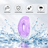 Purple FuFu Y2 clip in a water-splash graphic with IPX7 waterproof and cleaning-feature icons
