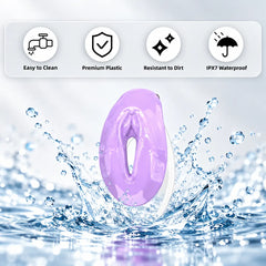 Purple FuFu Y2 clip in a water-splash graphic with IPX7 waterproof and cleaning-feature icons
