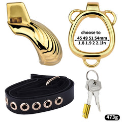 Gold shell chastity cage package with black belt, lock and keys