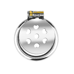 Heart-shaped ventilation cutouts on flat stainless steel chastity cage