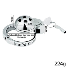 ZC-195 dome chastity cage showing 44mm width 32–50mm ring and 224g weight