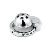 Heart-pattern dome metal chastity cage ZC-195 angled view