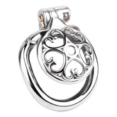 Heart-pattern flat stainless steel chastity cage LKM-042 front view