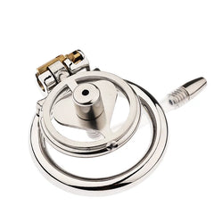 Heart-shaped flat stainless steel chastity cage with silicone catheter