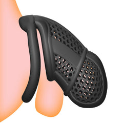 Side-view fitting illustration of a black honeycomb cage with a curved base ring
