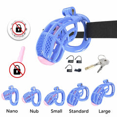 Blue honeycomb resin cage with belt and five illustrated cage lengths