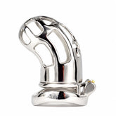 Side view of the JTS S220 stainless steel chastity cage showing its curved body, ventilation openings and base ring