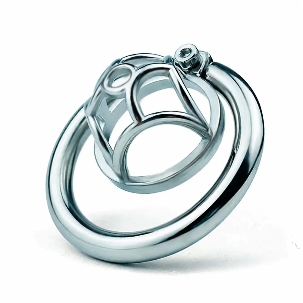 Angled view of the JTS S237 open-frame steel chastity cage with circular ring