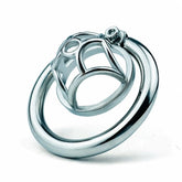 Angled view of the JTS S237 open-frame steel chastity cage with circular ring