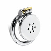 JTS S239 flat chastity cage with a round base ring, perforated front plate and locking mechanism