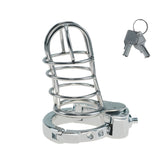 Large adjustable metal chastity cage ZC-078 angled view with keys