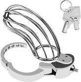Large curved metal chastity cage ZC-069 with hinged ring open and keys