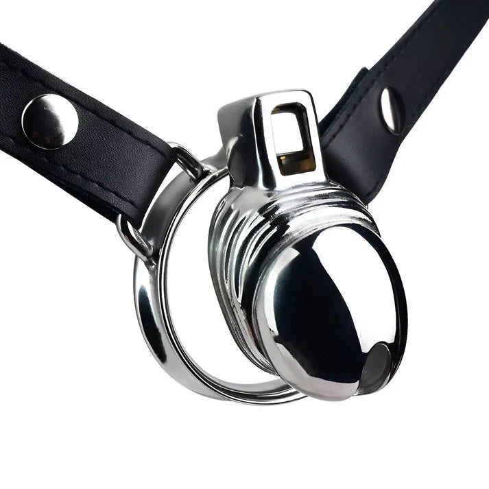 LKM-065 penis-shaped steel chastity cage with black waist belt