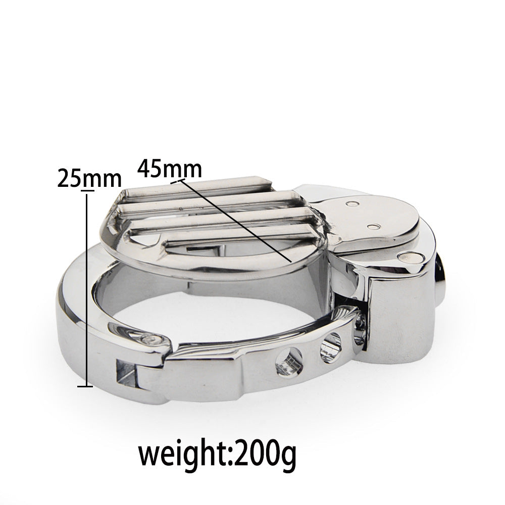 ZC-058 low-profile grid chastity cage showing 25 by 45mm body and 200g weight