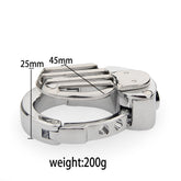 ZC-058 low-profile grid chastity cage showing 25 by 45mm body and 200g weight