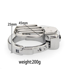 ZC-058 low-profile grid chastity cage showing 25 by 45mm body and 200g weight