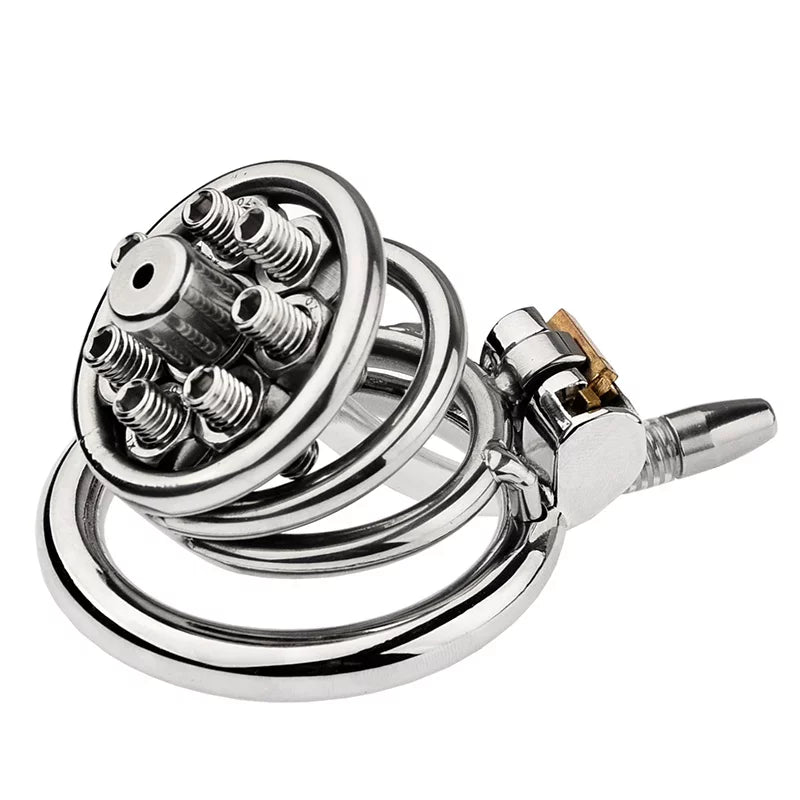 MELA spiked flat stainless steel chastity cage with eight front spikes