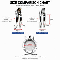 Mesh-front chastity cage size chart for curved and round rings