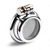 Ventilated mesh-front stainless steel chastity cage angled view